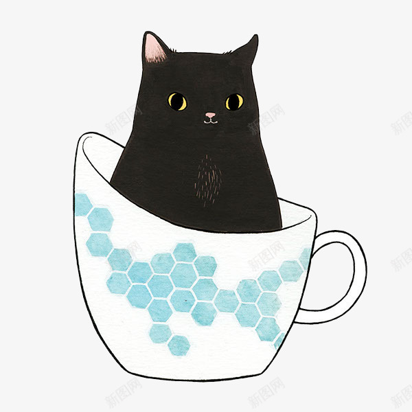 茶杯里的黑猫图案png免抠素材_88icon https://88icon.com 创意设计 卡片封面 手绘插画