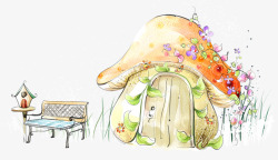 梦幻花藤卡通蘑菇房子高清图片