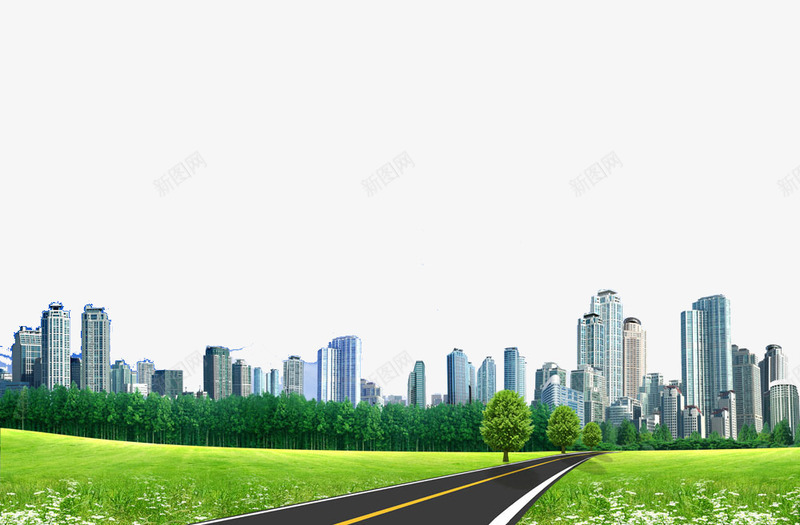 绿色城市剪影png免抠素材_88icon https://88icon.com 城市 绿色 草地 马路 高楼