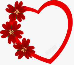 红色爱心边框上的花朵素材