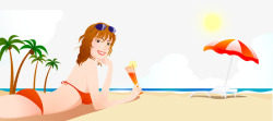 卡通比基尼美女饮料沙滩椰树素材