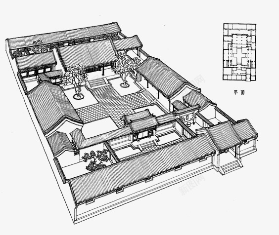 手绘四合院png免抠素材_88icon https://88icon.com 中式建筑 创意 北京四合院 古代建筑