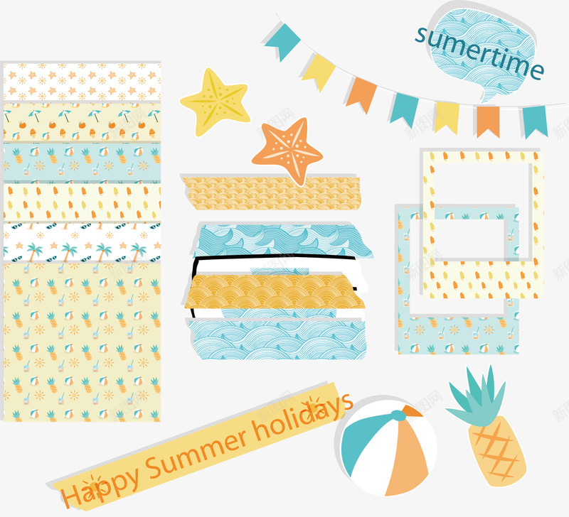 沙滩大海矢量图ai免抠素材_88icon https://88icon.com 卡通 商务 壁纸 大海 封面 彩色手绘 插图 暑假快乐 沙滩 清新 矢量图