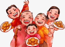 手绘喜庆一家人吃月饼装饰图案素材