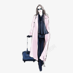 时尚插画女人拖着行李箱素材