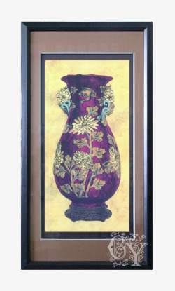 中式古典紫色瓷瓶木框壁画素材