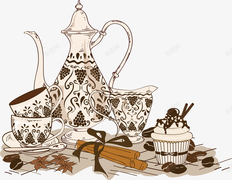 花纹茶壶茶杯矢量图ai免抠素材_88icon https://88icon.com 卡通 古典 商务 壁纸 封面 彩色 手绘 插图 花纹 茶壶 茶杯 矢量图