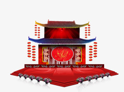 红色中式建筑凤凰舞台素材