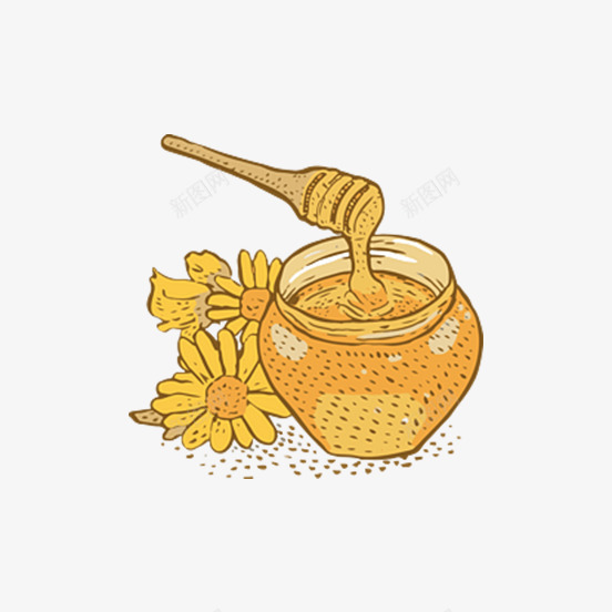 手绘黄色的蜂蜜罐png免抠素材_88icon https://88icon.com 免抠图 效果图 植物 花朵 蜂蜜罐 装饰图 装饰画 食物