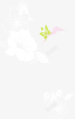 白色线条花朵绿色蝴蝶素材