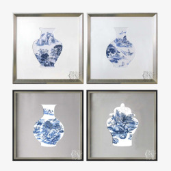 中式白钢框青花瓷瓶剪影方形壁画素材