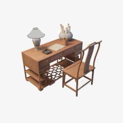 镂空棕色简单中式书桌素材