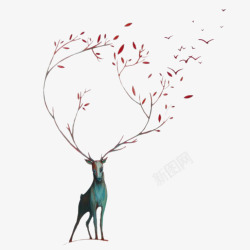 创意插画麋鹿树枝与树叶素材