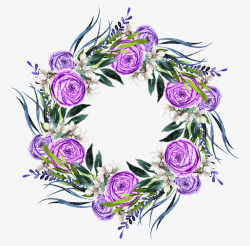 紫色手绘水彩鲜花花环素材