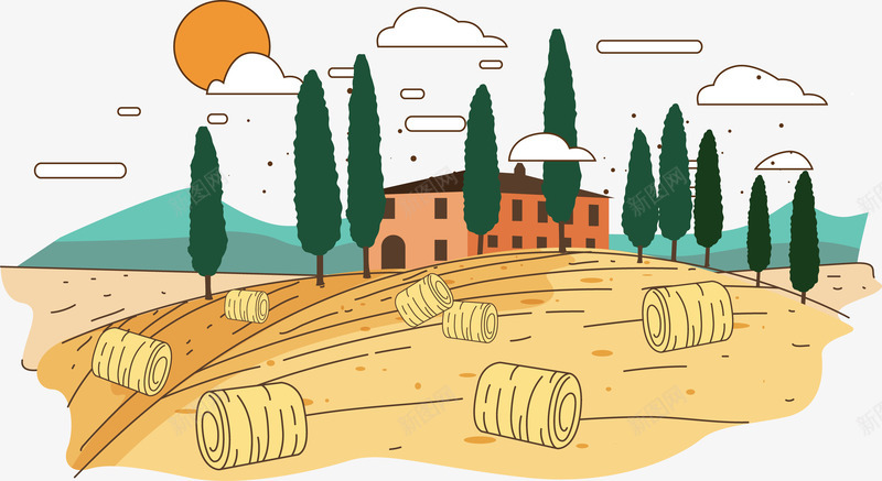 寂静村庄里落日png免抠素材_88icon https://88icon.com 大山 房屋 树木 白云 落日 黄土