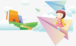 云层上的飞机坐在纸飞机上的女孩矢量图高清图片