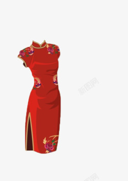 红色手绘花卉纹样旗袍素材