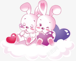 抱兔子卡通手绘兔子情侣抱心形云朵高清图片
