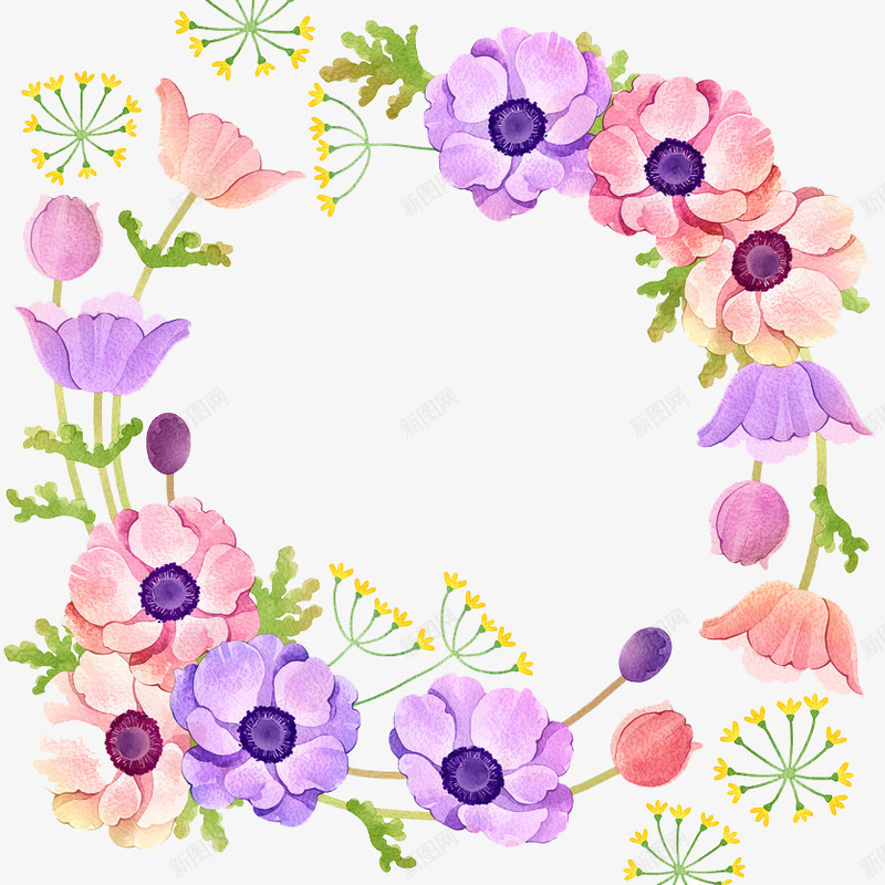 创意简约花环装饰图png免抠素材_88icon https://88icon.com 卡通手绘 叶子 圆形 圆环 水彩 粉色 紫色 花朵 鲜花