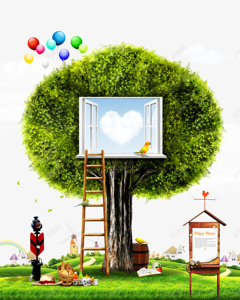 创意大树上的窗户环保广告png免抠素材_88icon https://88icon.com 公告牌 创意 创意大树上的窗户 大树 彩色气球 梯子 环保 环境保护 白云天空 绿色草地 风车 鹦鹉