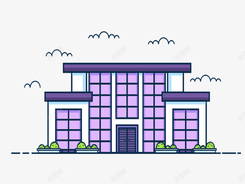 平顶楼房png免抠素材_88icon https://88icon.com 公司 方形建筑 楼房 紫色玻璃 线性白云