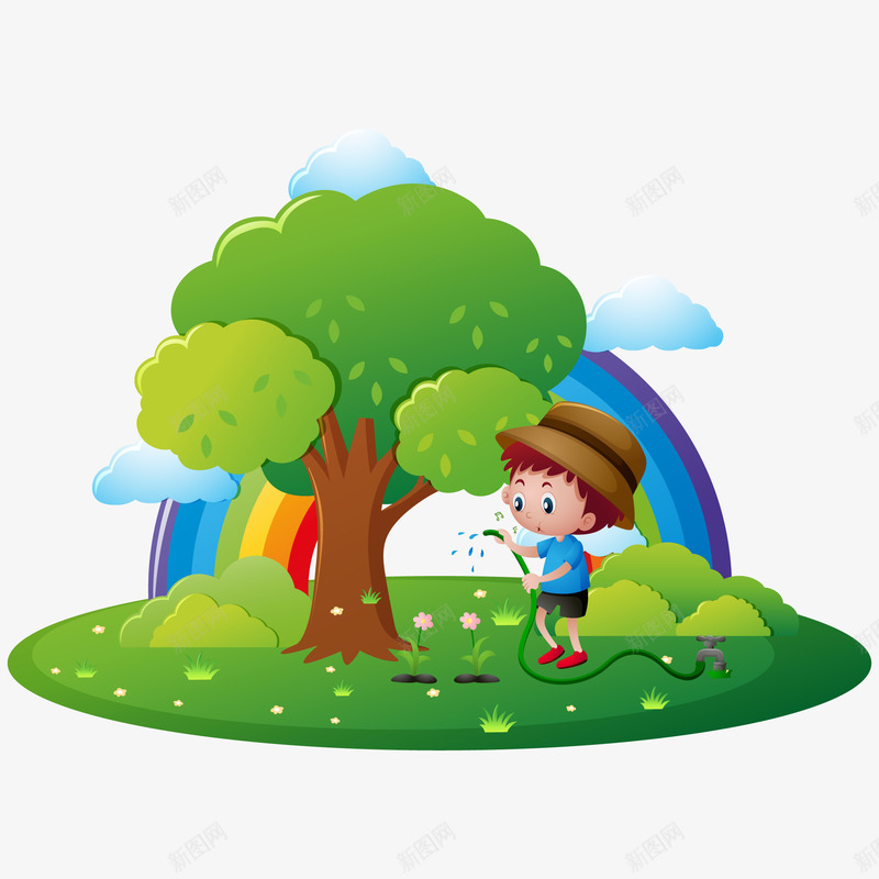 男孩给树浇水插图png免抠素材_88icon https://88icon.com 彩虹 树 浇水 男孩 白云 矢量插图