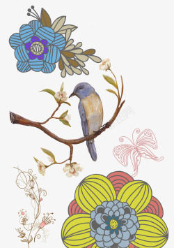蓝色花和鸟素材