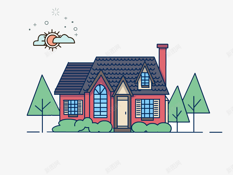 卡通院子png免抠素材_88icon https://88icon.com 云朵 卡通 房子 树木