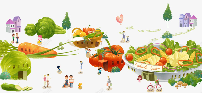 城市和蔬菜png免抠素材_88icon https://88icon.com 包菜 卡通 小人 建筑 沙拉 番茄 胡萝卜 蔬菜瓜果