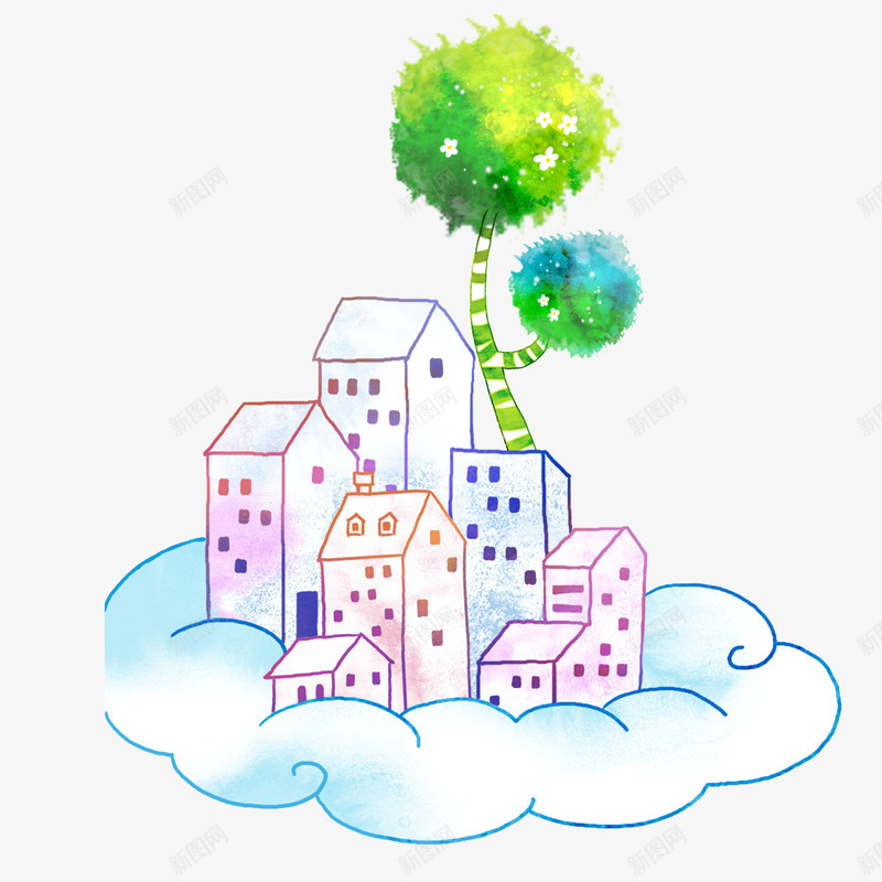 卡通手绘唯美云朵上的房子png免抠素材_88icon https://88icon.com 云朵 卡通房子 大树 房子 手绘房子 白云