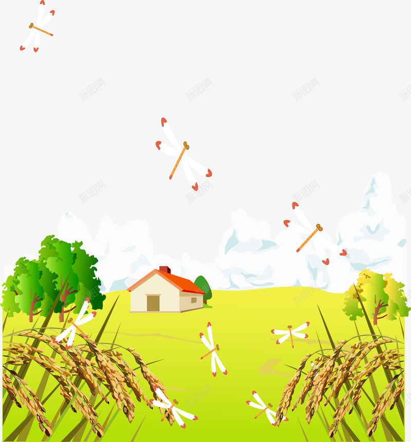 清新优美户外风景png免抠素材_88icon https://88icon.com 云朵 优美 小木屋 户外风景 树木 水稻 白云 稻田 草地 蜻蜓 金色稻田 风景
