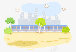 卡通手绘江景城市江边树木素材
