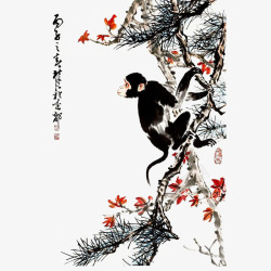 中国风水墨画猴子和树枝红叶素材