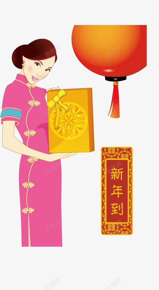 美女送礼png免抠素材_88icon https://88icon.com 中国风 旗袍 灯笼 礼盒 红色 美女 美女送礼