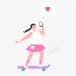 一个一边玩滑板车一边看手机的女矢量图素材