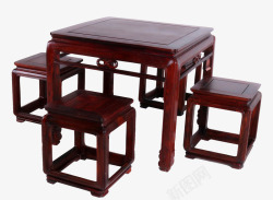 中式简洁红酸枝方桌椅五件套素材