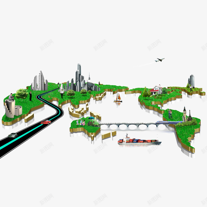 创意地图psd免抠素材_88icon https://88icon.com 五大洲 商务 地形图 城市 建筑 板块 概念 跨海大桥 高速公路