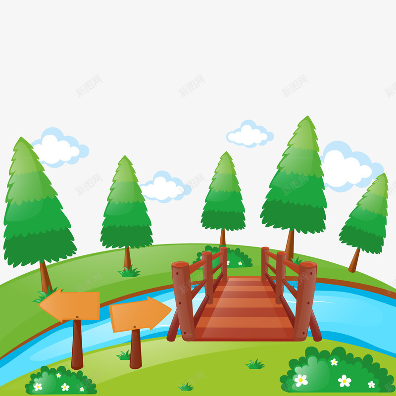 自然背景png免抠素材_88icon https://88icon.com 木桥 树木 白云 路牌