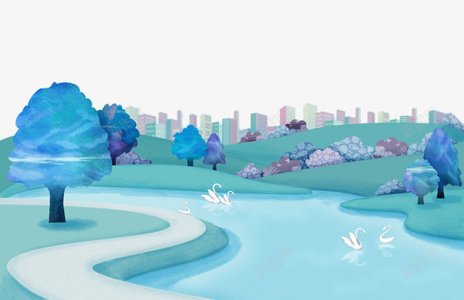 卡通蓝色城市风景png免抠素材_88icon https://88icon.com 城市建筑 树木 河流 蓝色 风景画
