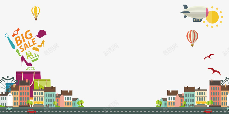 道路上的城市建筑psd免抠素材_88icon https://88icon.com 促销 公路 卡通建筑 城市建筑 气球 道路 高跟鞋