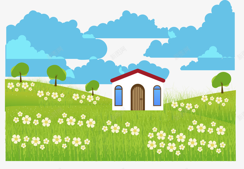 青草白云png免抠素材_88icon https://88icon.com 卡通 小树 小花 小草 房子 蓝天草原