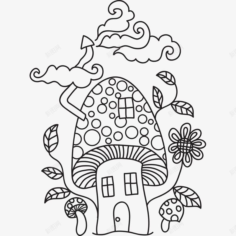 手绘卡通可爱蘑菇屋png免抠素材_88icon https://88icon.com 卡通 可爱 叶子 手绘 线稿 花卉 蘑菇屋