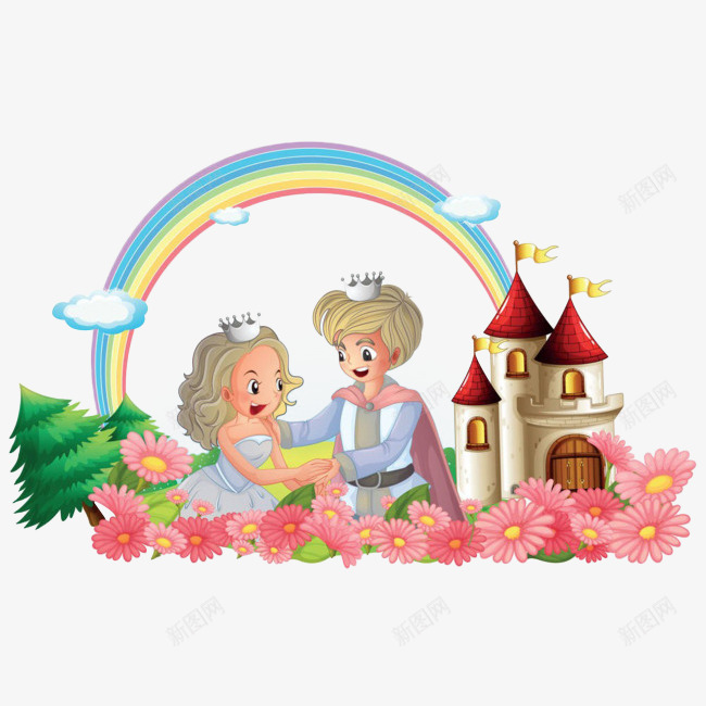 卡通王子和公主png免抠素材_88icon https://88icon.com 云朵 卡通 城堡 彩虹 插画 王子和公主 花朵