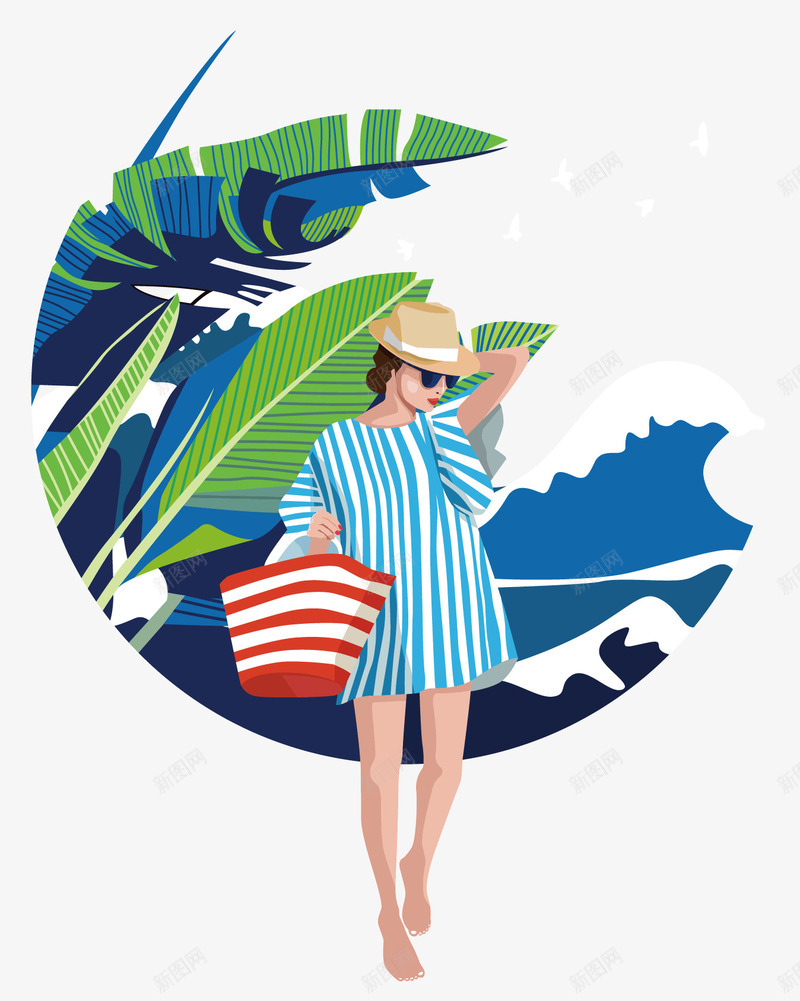 旅行中的美女png免抠素材_88icon https://88icon.com 夏天 夏天旅行 短裙 红白条纹背包 绿色的叶子 蓝白色条纹