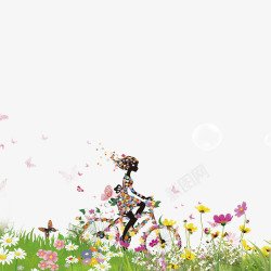彩色脚踏车花丛中的美女高清图片