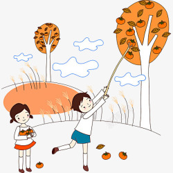 卡通柿子树摘柿子的小孩高清图片