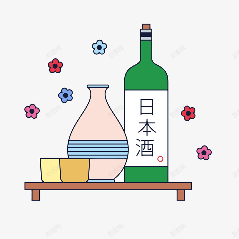 卡通日本酒矢量图ai免抠素材_88icon https://88icon.com 日本 日本酒 樱花 矢量图 矢量日本酒杯 矢量酒瓶 花朵 酒杯 酒瓶