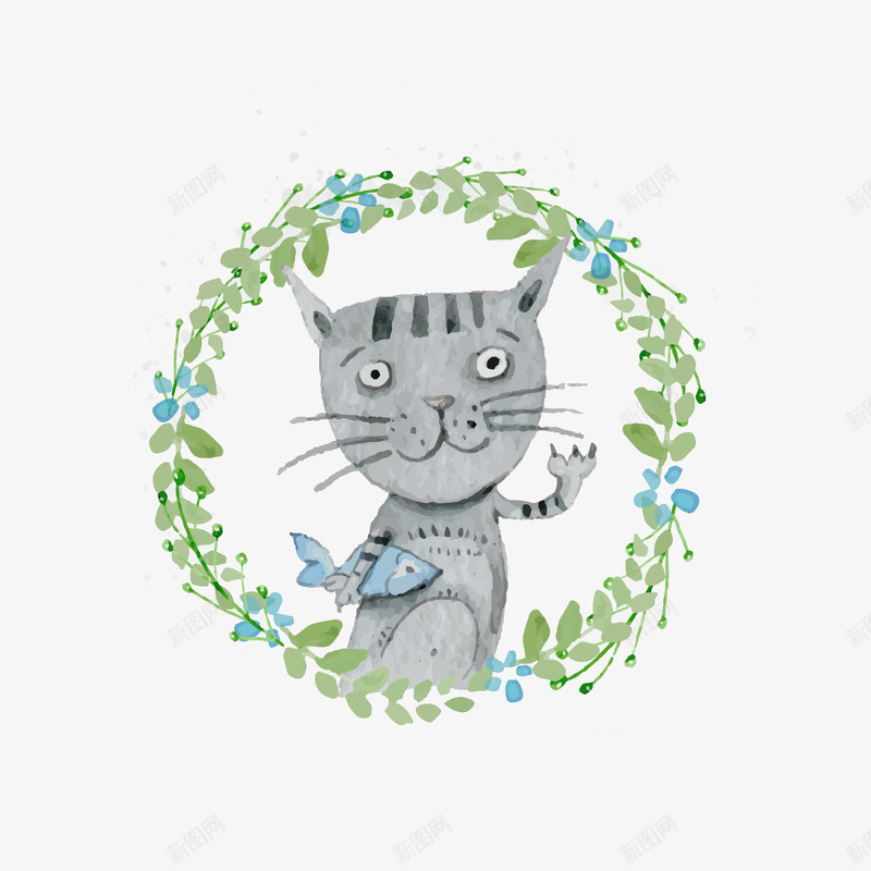 手绘卡通可爱小猫png免抠素材_88icon https://88icon.com 动物 可爱小猫吃鱼 插画 绿叶 绿叶花环 装饰