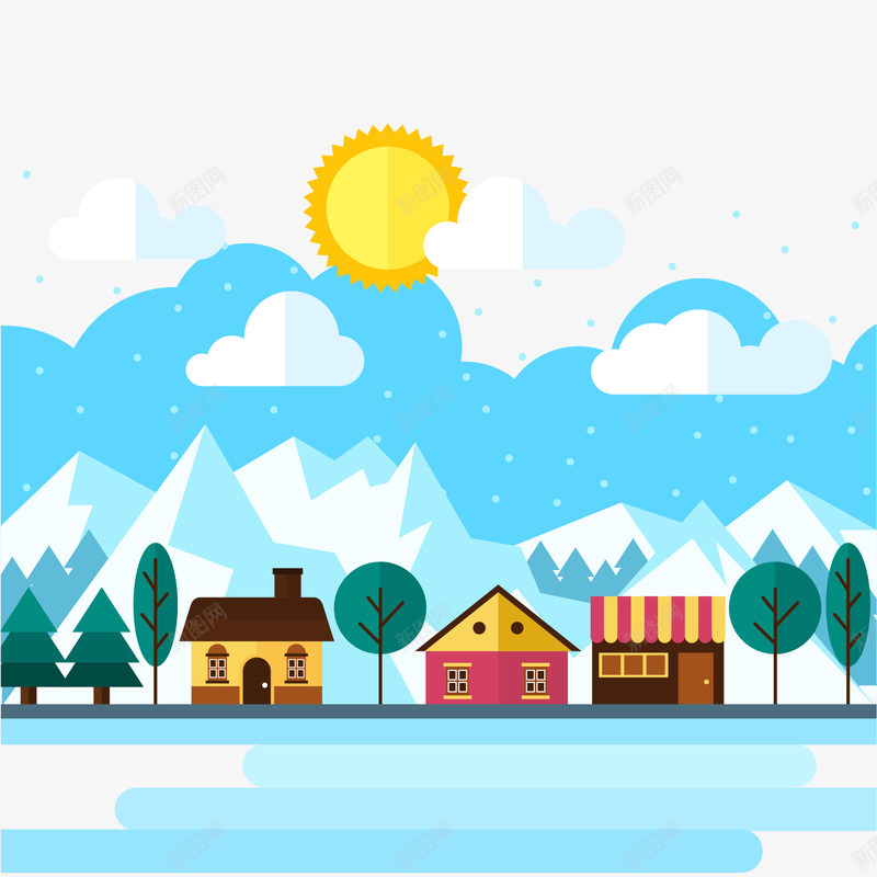 雪景插画矢量图ai免抠素材_88icon https://88icon.com 可爱 扁平 白云 雪山 矢量图