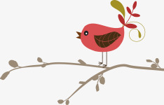 红色可爱手绘小鸟树枝素材